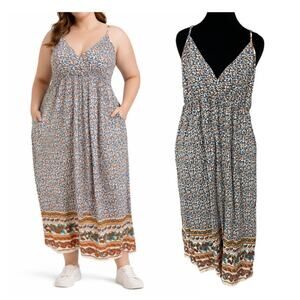 Boho Floral Midi Dress XL Viscose Sleeveless Pockets Cottagecore